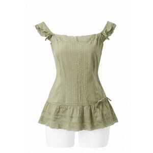 Y2K Miss Bisou Lace Trim Ruffle Top Large Olive Green Fairy Grunge Boho Milkmaid